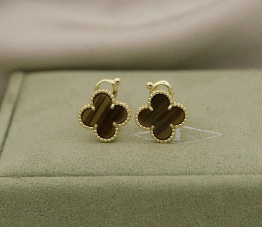 Tiger eye Clover earrings four leaf 18k Gold Plated 925 Sterling (w8 stamp) #clover Gift