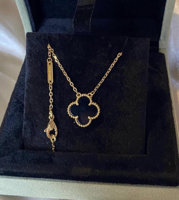 Vintage Gold Fill black Onyx Clover Necklace: 18k Gold Plated Sterling Silver Pendant#clover Gift
