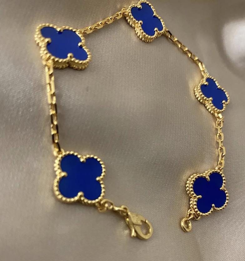 925 silver plated 18k gold Clover Bracelet blue agate #clover Gift