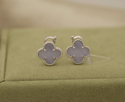 Chalcedony Clover Earrings, 18k White Gold Plated Sterling Silver
