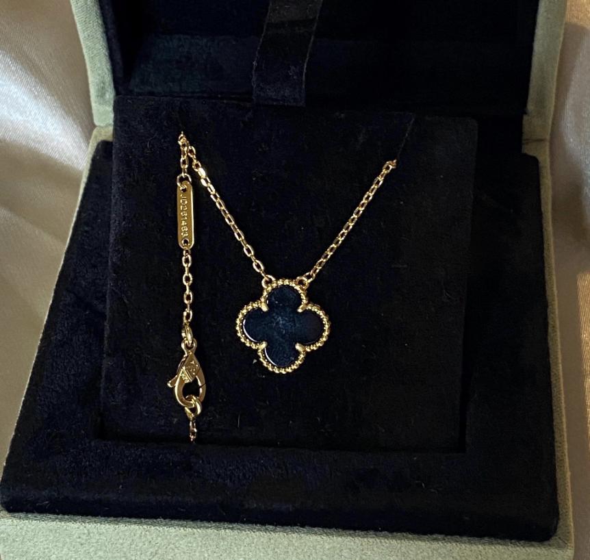 Vintage Gold Fill black Onyx Clover Necklace: 18k Gold Plated Sterling Silver Pendant#clover Gift