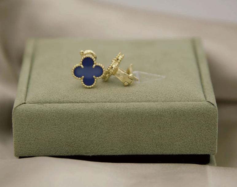 Blue agate Clover earrings four leaf 18k Gold Plated 925 Sterling (w8 stamp)
