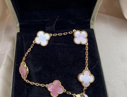 18k Gold Pink Real Natural Pearl Clover Bracelet 925 silver plate gold #Eid