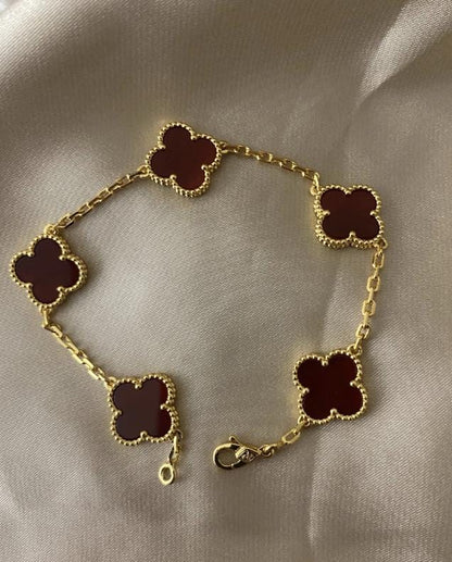 18k Gold Red Clover Bracelet carnelian Chain motif #Gift