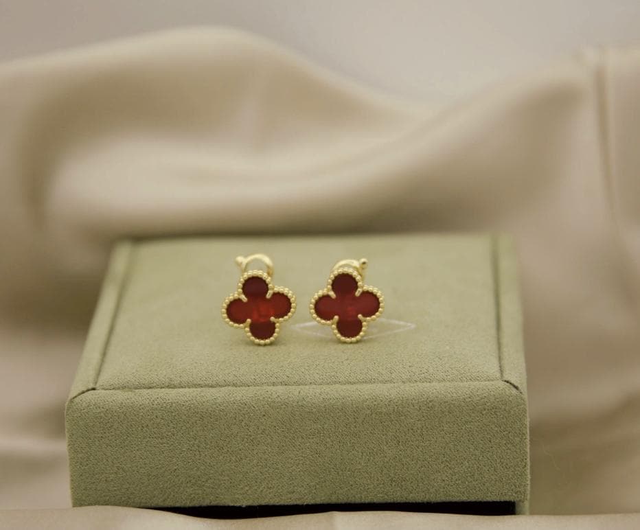 Red carnelian Clover earrings four leaf 18k Gold Plated silver (w8 vc stamp)#clover Gift