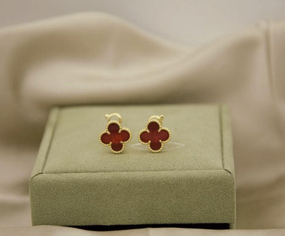 Red carnelian Clover earrings four leaf 18k Gold Plated silver (w8 vc stamp)#clover Gift