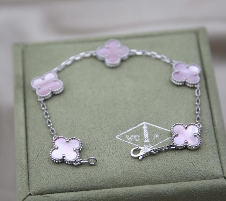Four leaf Pink Pearl guilloche Clover Bracelet 925 silver 18k gold plated