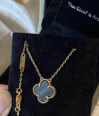 Vintage Gold Fill black Onyx Clover Necklace: 18k Gold Plated Sterling Silver Pendant#clover Gift