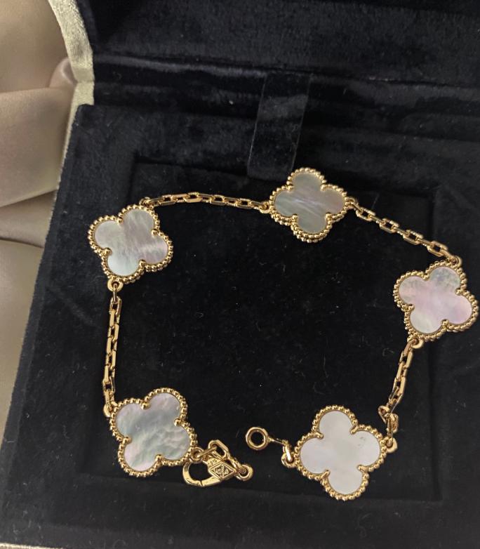 Four leaf white Pearl guilloche Clover Bracelet 925 silver 18k gold plated #clover Gift