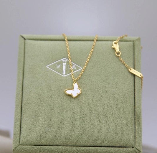 18k Gold butterfly Pearl necklace 925 Sterling cz (w8 vc stamp) Gift