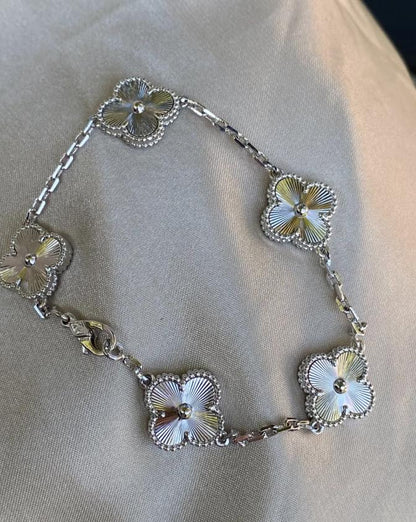 18k Gold Clover Bracelet - Guilloche 5 Clover Design, Four Leaf Gold Plated - white gold plated 15mm Four Leaf Clover Jewelry gemstones