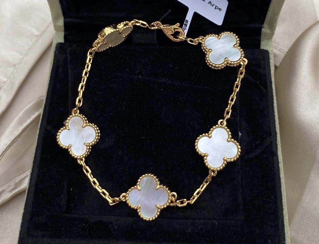 Four leaf white Pearl guilloche Clover Bracelet 925 silver 18k gold plated #clover Gift