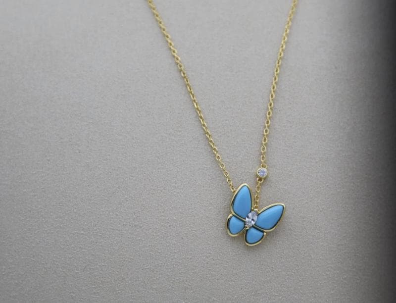 18k Gold, turquoise butterfly necklac 925 Sterling cz (w8 vc stamp) #Gift