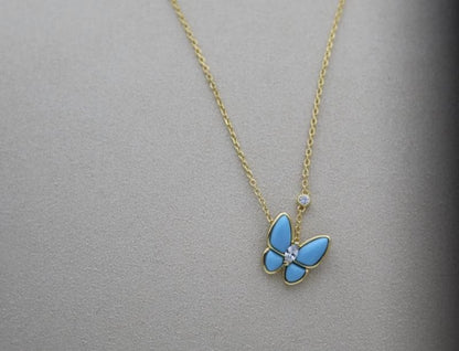 18k Gold, turquoise butterfly necklac 925 Sterling cz (w8 vc stamp) #Gift