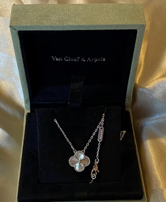 Silver fill clover necklace four leaf 18k white Gold Plated 925 Sterling (w8 vc stamp)#clover Gift