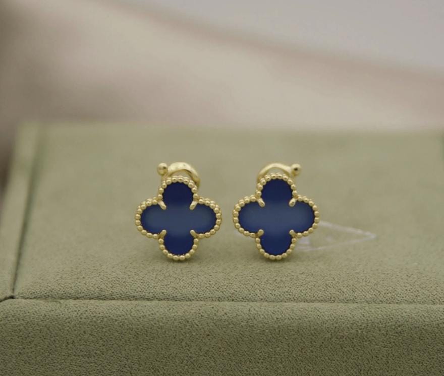 Blue agate Clover earrings four leaf 18k Gold Plated 925 Sterling (w8 stamp)