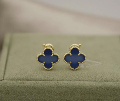 Blue agate Clover earrings four leaf 18k Gold Plated 925 Sterling (w8 stamp)