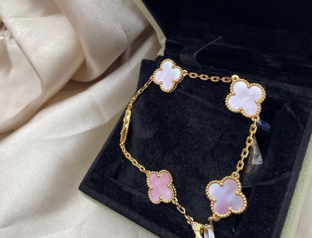18k Gold Pink Real Natural Pearl Clover Bracelet 925 silver plate gold #Eid