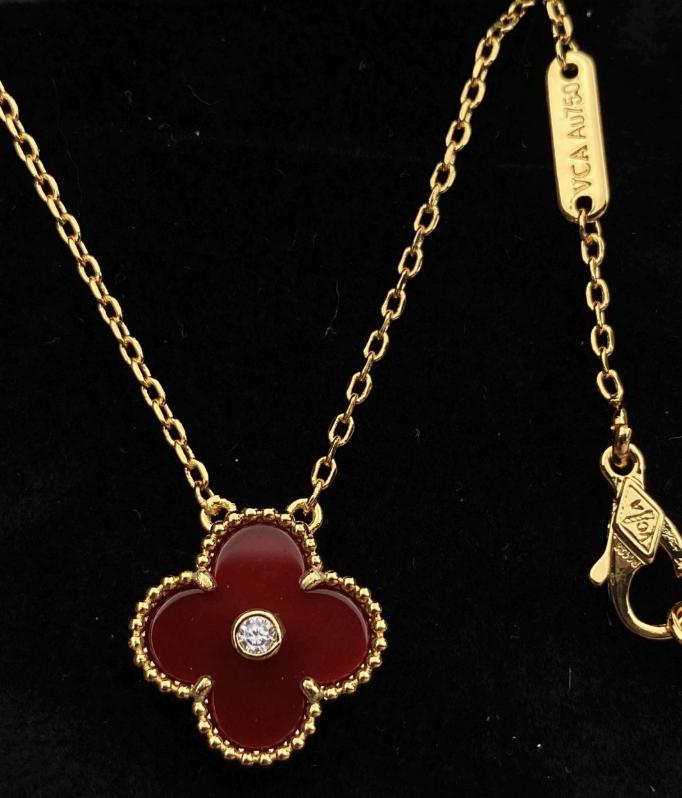 Red carnelian clover necklace, Gold Four leaf clover 18k gold plated, 15mm one motif clover necklace, Christmas holiday pendant