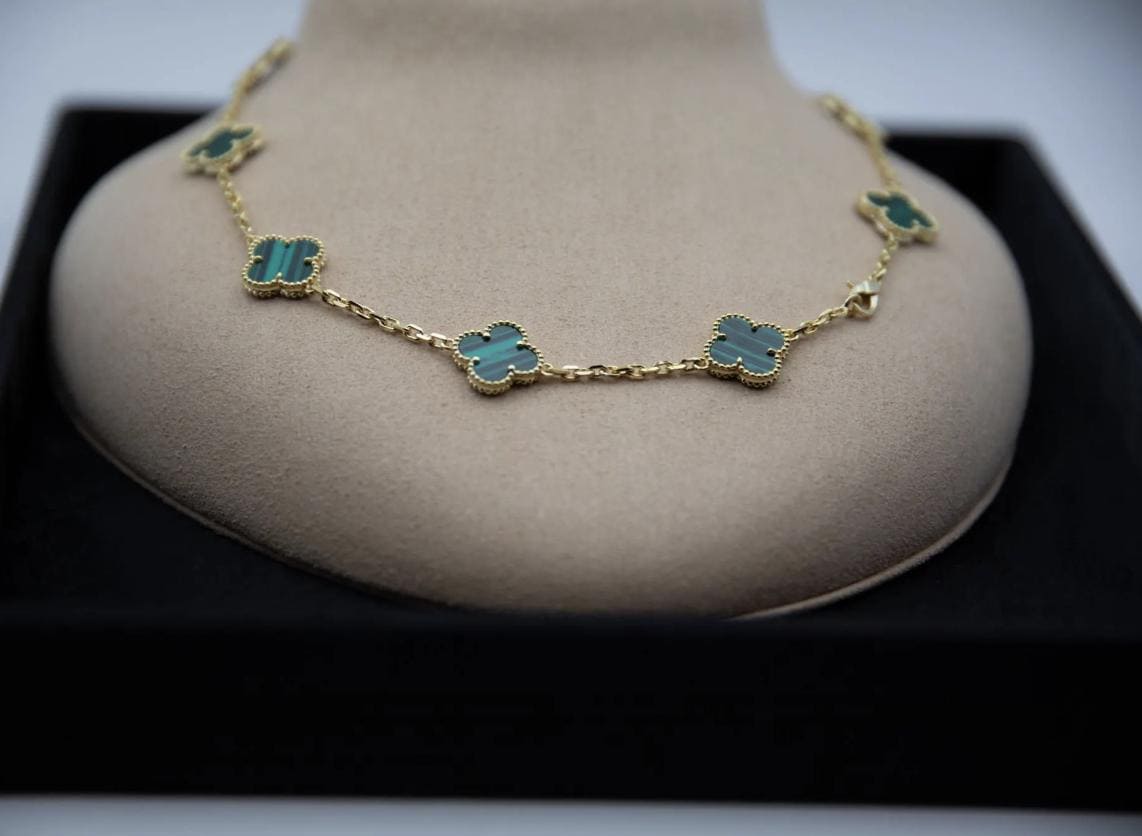 10 motif Green natural malachite Clover necklace chain 18k gold plated 925 silver (with vc stamp)
