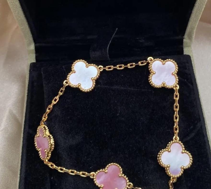 18k Gold Pink Real Natural Pearl Clover Bracelet 925 silver plate gold #Eid
