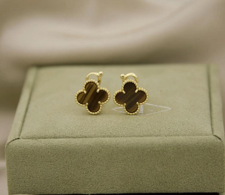 Tiger eye Clover earrings four leaf 18k Gold Plated 925 Sterling (w8 stamp) #clover Gift