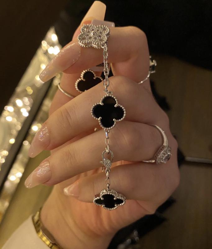 925 silver 18k white gold plated diamond clover bracele black agate (w8 stamp)#clover Gift