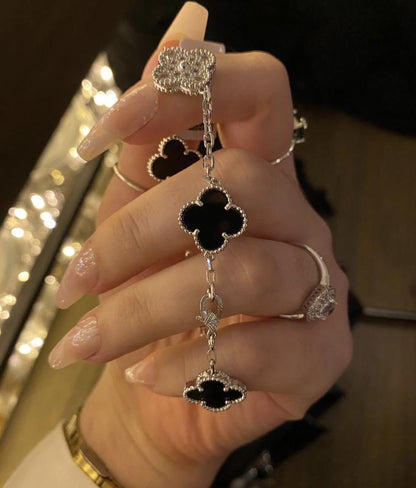 925 silver 18k white gold plated diamond clover bracele black agate (w8 stamp)#clover Gift