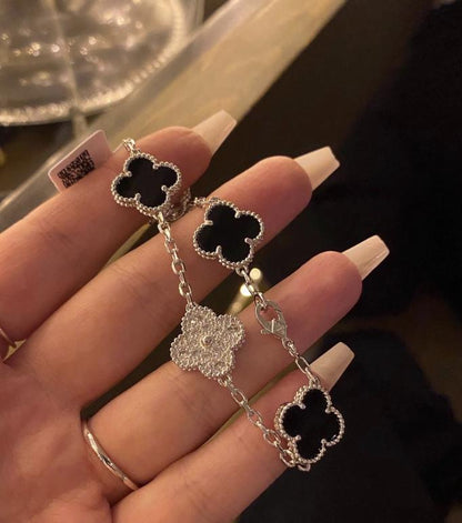 925 silver 18k white gold plated diamond clover bracele black agate (w8 stamp)#clover Gift