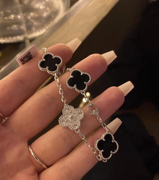 925 silver 18k white gold plated diamond clover bracele black agate (w8 stamp)#clover Gift