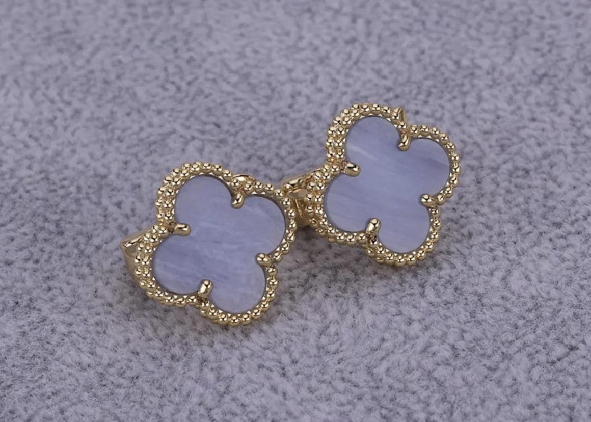 Chalcedony Clover Earrings, 18k White Gold Plated Sterling Silver