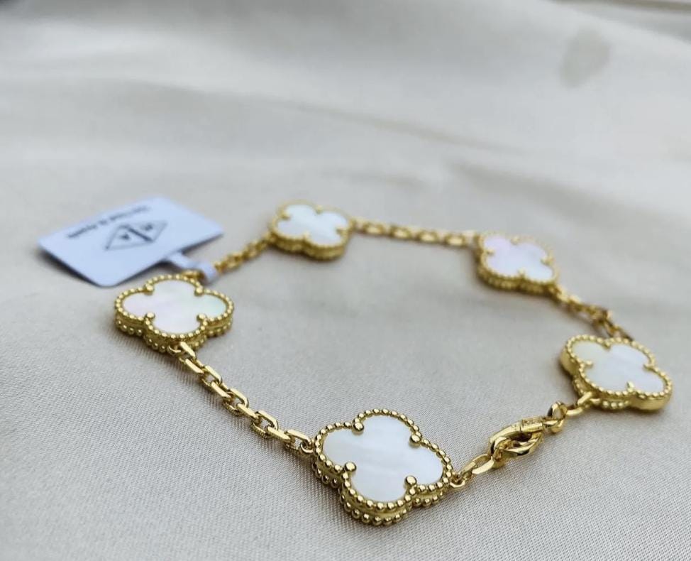 925 silver 18k gold mother of Pearl clover bracelet (w8 stamp) #Eid