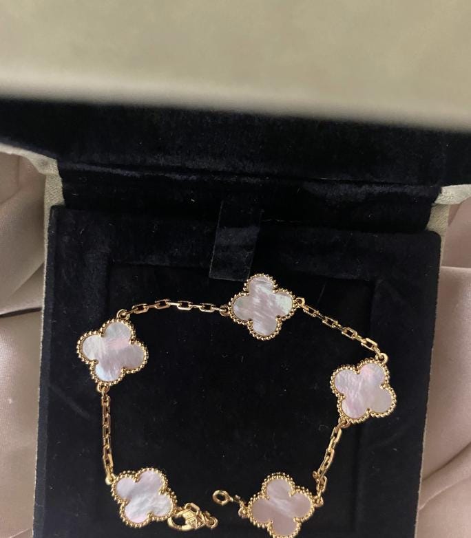 Four leaf white Pearl guilloche Clover Bracelet 925 silver 18k gold plated #clover Gift