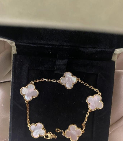 Four leaf white Pearl guilloche Clover Bracelet 925 silver 18k gold plated #clover Gift