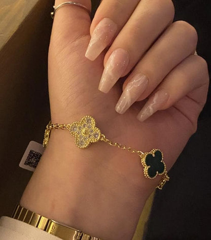 Four leaf Malachite diamond guilloche Clover Bracelet 925 silver 18k gold plated #clover Gift