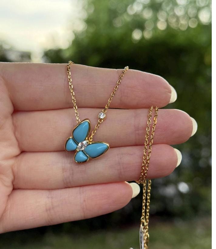 18k Gold, turquoise butterfly necklac 925 Sterling cz (w8 vc stamp) #Gift