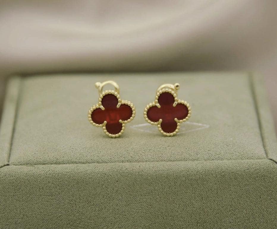Red carnelian Clover earrings four leaf 18k Gold Plated silver (w8 vc stamp)#clover Gift