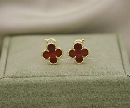 Red carnelian Clover earrings four leaf 18k Gold Plated silver (w8 vc stamp)#clover Gift