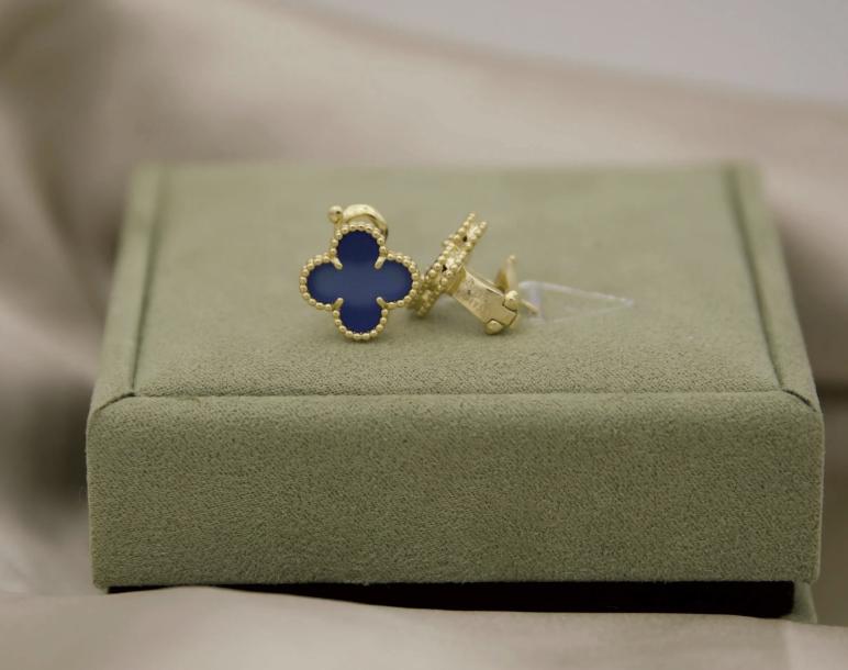 Blue agate Clover earrings four leaf 18k Gold Plated 925 Sterling (w8 stamp)