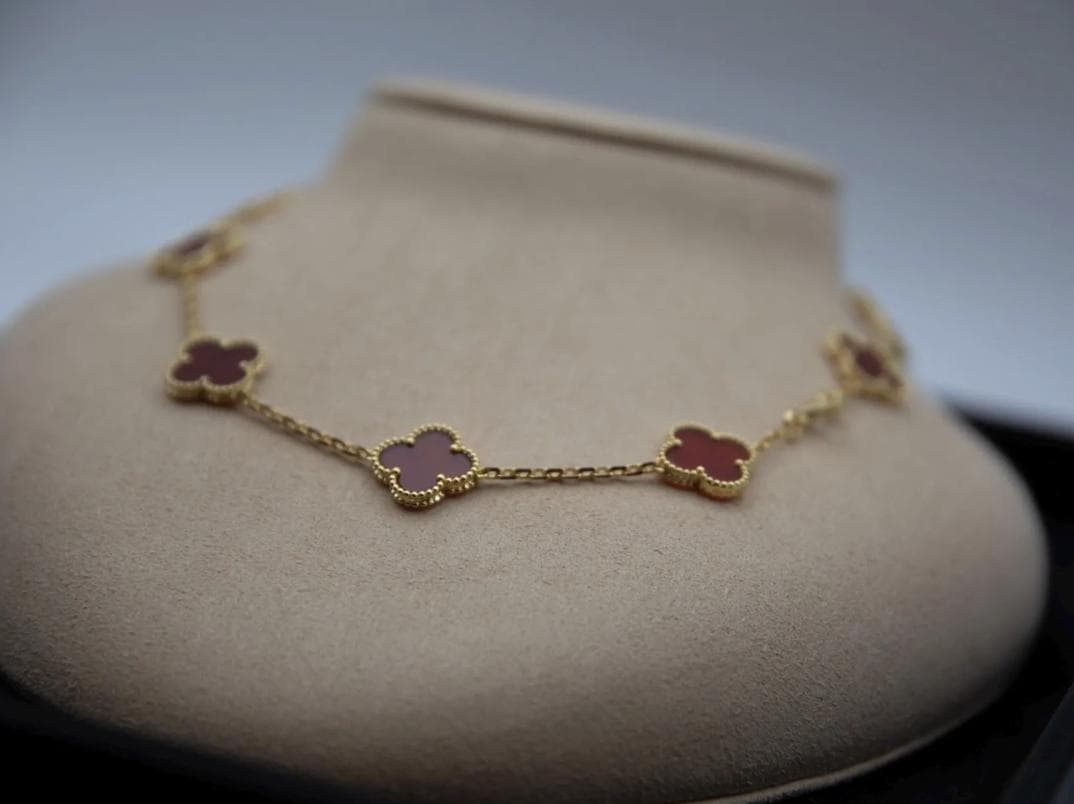 10 motif Red natural carnelian Clover necklace chain 18k gold plated 925 silver (with vc stamp)