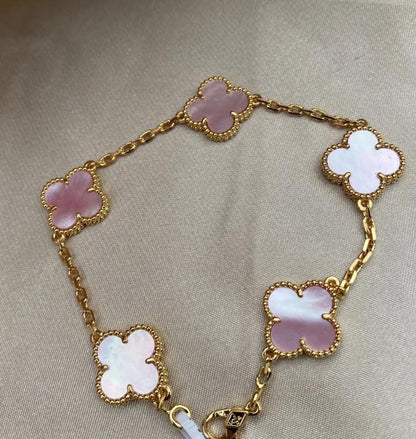18k Gold Pink Real Natural Pearl Clover Bracelet 925 silver plate gold #Eid
