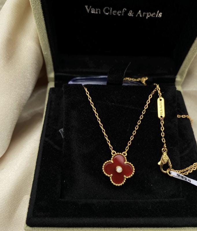 Red carnelian clover necklace, Gold Four leaf clover 18k gold plated, 15mm one motif clover necklace, Christmas holiday pendant