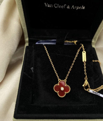 Red carnelian clover necklace, Gold Four leaf clover 18k gold plated, 15mm one motif clover necklace, Christmas holiday pendant