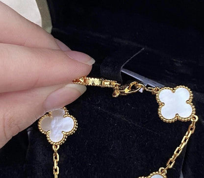 Four leaf white Pearl guilloche Clover Bracelet 925 silver 18k gold plated #clover Gift