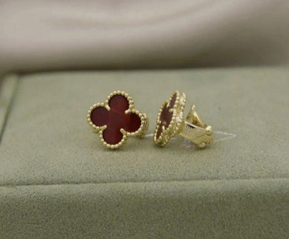 Red carnelian Clover earrings four leaf 18k Gold Plated silver (w8 vc stamp)#clover Gift