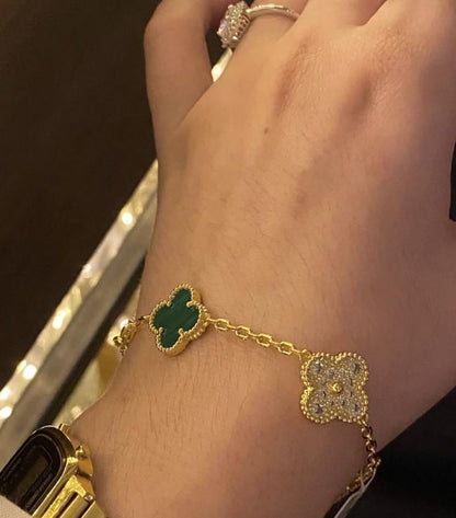 Four leaf Malachite diamond guilloche Clover Bracelet 925 silver 18k gold plated #clover Gift