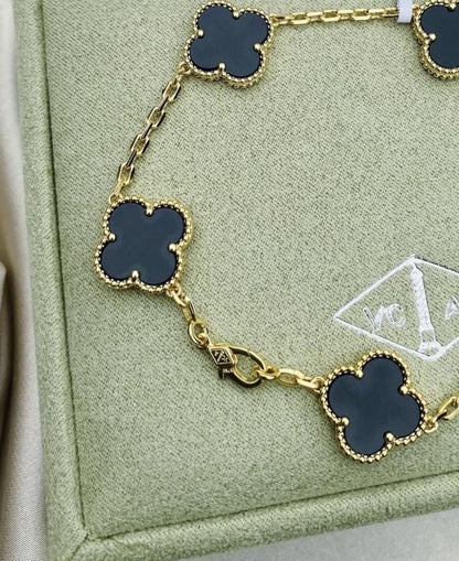 925 silver 18k Gold plated black agate Clover Bracelet #Gift