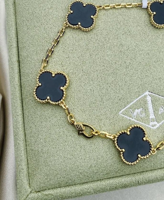 925 silver 18k Gold plated black agate Clover Bracelet #Gift