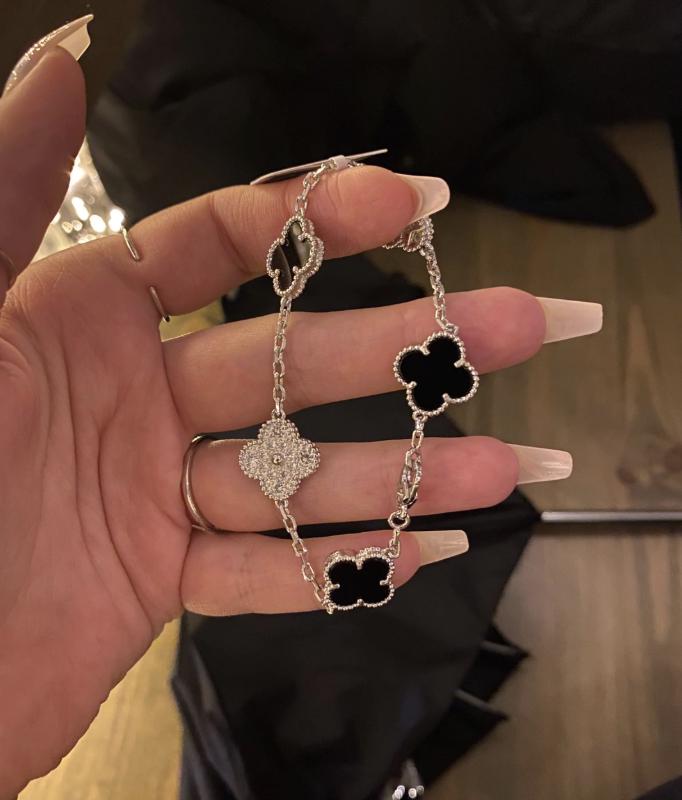925 silver 18k white gold plated diamond clover bracele black agate (w8 stamp)#clover Gift