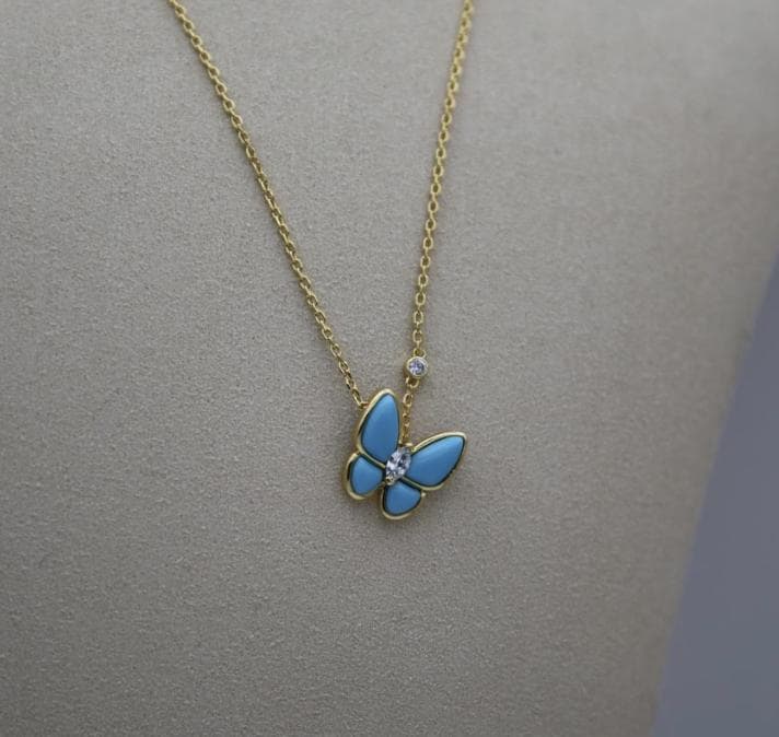 18k Gold, turquoise butterfly necklac 925 Sterling cz (w8 vc stamp) #Gift